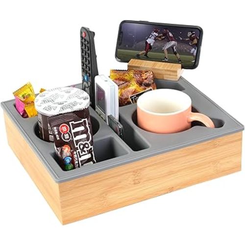 Couch Cup Holder Tray, Handy Silicone Bamboo Couch Caddy with Rotatable Phone Holder for Bed Car Seat Organizer, Waterproof Anti-spill Sofa Cup Holder for Snacks Beverage Remote (Gray)