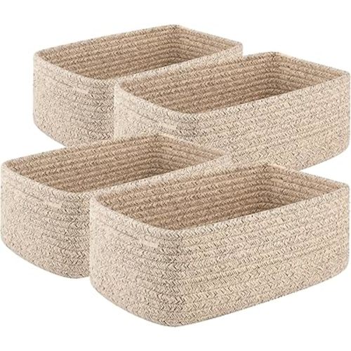 4 Pack Small Storage Shelf Baskets for Organizing, Mini Woven Rope Storage Bins for Towels, Cute Decorative Closet Organizer，Baby Nursery, Gift Empty Baskets -11.81''Lx7.87''Wx4.72''H'-Brown