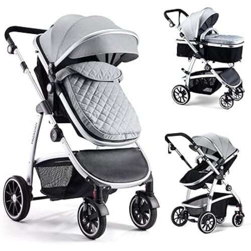 Baby Stroller, 2-in-1 Reversible Stroller with Bassinet Mode, Foldable Infant Stroller with Canopy, One Button Brake, Adjustable Handle, Newborn Stroller (Gray)