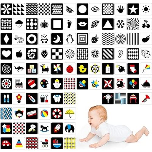 100 Pages Black White Colorful Baby Visual Stimulus Flashcard, 50 PCS High Contrast Baby Flashcards Sensory Toys for Newborn Infant Gift (2 Levels 0-6 Months, 5.5” X 5.5”)
