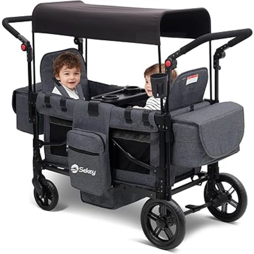 Sekey Wagon Stroller for 2 Kids, Luxury 4-in-1 Stroller Wagon - Premium Quality with Convertible Seats, Adjustable Push Handles, Removable Canopy, Snack Tray & Cooler, US Certified