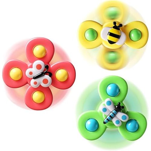 ALASOU 3PCS Suction Cup Rotating Toys for 1 Year Old Boy Girl|Rotating Top Baby Toys 12 18 Months|1 2 Year Old Boy Birthday Gift|Baby Bath Toy for Kids Ages 1-3|Sensory Toy for Toddlers 1-3