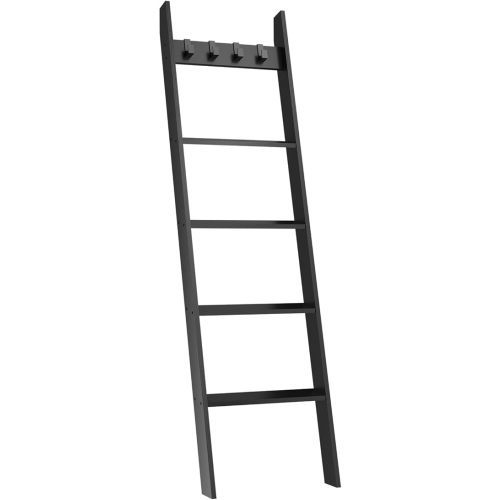 IBUYKE 5-Tier Blanket Ladder Shelf,Ladder Rack for Storage and Decor,Wooden Blanket Holder with Hooks,Easy Assembly for Bedroom,Black TTR006B