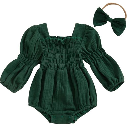 Kavousa Smocked Baby Girl Clothes Newborn Girl Bubble Romper Long Sleeve Jumpsuit And Headband Outfit Cute Infant Clothing