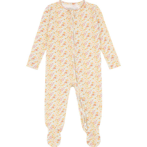 Babys Marigold Floral Print Pima Long Sleeve Snug Fit Front Zipper Footie, Yellow - Minnow | Maisonette