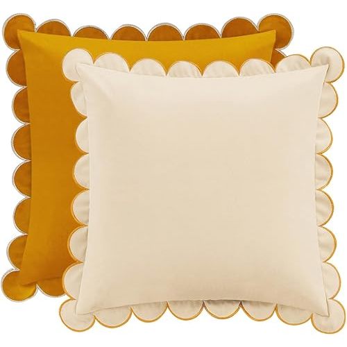 MONDAY MOOSE Decorative Throw Pillow Covers Cushion Cases, Set of 2 Soft Velvet Scalloped Round Edge Designs, Mix and Match for Home Decor, Pillow Inserts Not Included (Honey/Cream, 18x18 inch)