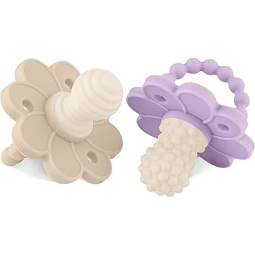 Soothipop Silicone Pacifier Teething Toys for Babies 0-6 Months 12, 18 Months - (2 Pack) Pacifier Shaped Baby Teether, Soft Teething Pacifiers for Babies Baby Teething Relief Flower (Purple & Beige)