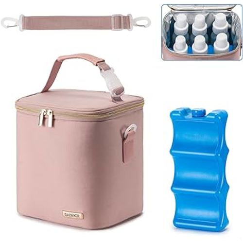 Breast Milk Cooler Bag with Ice Pack Fits 6 Baby Bottles Up to 9 Ounce, Baby Bottle Bag with Shoulder Strap for Nursing Mom Daycare, Pink
