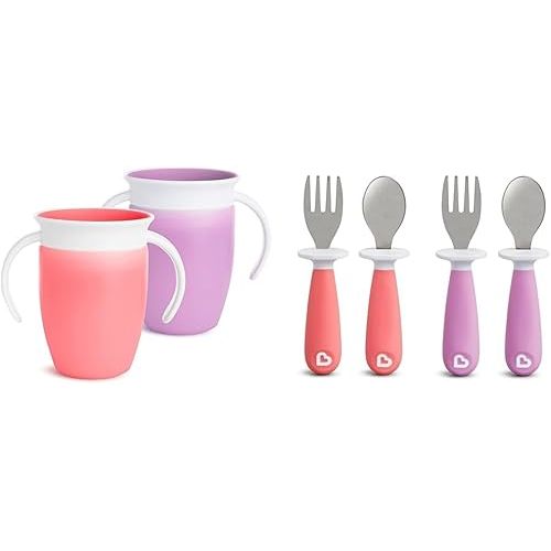Munchkin Miracle 360 Cup 2 Pack, 7 Ounce and Raise Toddler Fork Spoon Set, 4 Pack