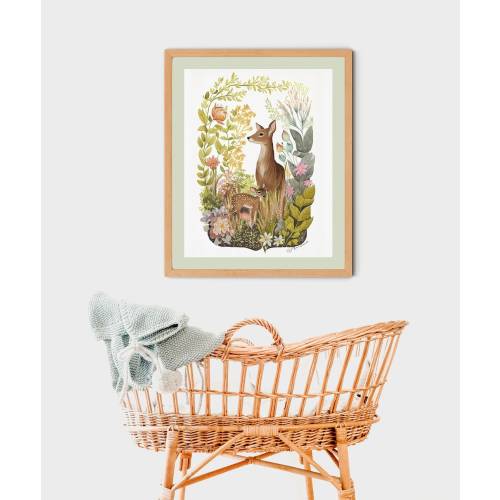 Baby Deer in Forest Painting, Woodland Nature Garden Animal Print, Nursery Wall Decor, Newborn Gift, Children Room Art, Baby Animal Print