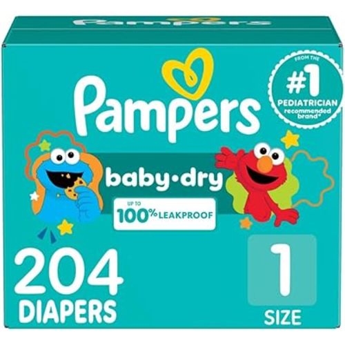 Pampers Diapers - Baby Dry - Size 1, 204 Count, Absorbent Disposable Infant Diaper (Packaging May Vary)