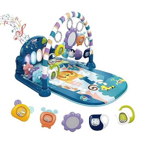 dearlomum Blue Tiger Theme Baby Play Mat Gym with Kick & Play Piano | Tummy Time Activity Mat with 5 Infant Sensory Toys, Music and Lights, Boy & Girl Gifts for Newborns 0 to 3 6 9 12 Months
