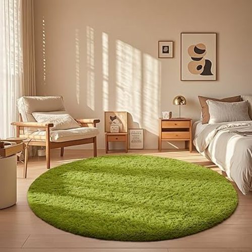 Ophanie Round Rug 5Ft Green Circle Area Rug, Green Room Decor, Fluffy Fuzzy Bedroom Carpet, Plush Soft Shaggy Living Room Rugs for Kids Home Decor Aesthetic, Nursery