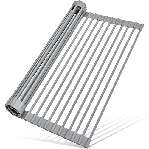 MERRYBOX Roll Up Dish Drying Rack, Over The Sink Dish Rack Foldable, Heat-Resistant, Anti-Slip Silicone Coated Steel Dish Drainer for Kitchen Sink, Multipurpose Roll Up Sink Drying Rack, 17.5" x 13"