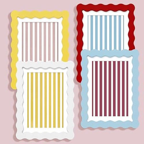 Novabright 4 Set 5x7 Colorful Scalloped Picture Frame Maximalist Decorative Picture Frame with Glass Front Wavy Trim Art Table Wall Hanging Whimsical Home Decor Gift (Italian Retro)