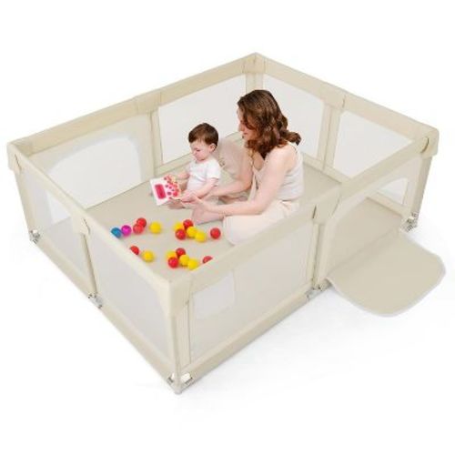 Safstar Large Baby Playpen, 75" x 59" Baby Activity Center w/Zippered Doors, Storage Bag, Indoor Outdoor Baby Play Yard Fence for 0-3 Years Old, Beige