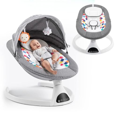 Soobaby Baby Swing for Infants,baby Bouncer for Babies,Portable Swing for Baby Boy Girl,Indoor Baby Rocker with 5 Sway Speeds,Music and Bluetooth,Gray