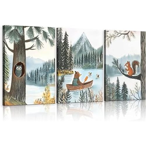 Woodland Animal Canvas Wall Art Set of 3 Bear Owl & Squirrel Posters Prints Adventure Theme Nursery pictures Wall Decor for Kids Bedroom or Playroom Ready to Hang (16x24in canvas)