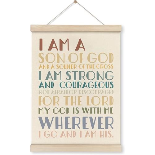 HRQKO Christian I am a Son of God Wall Art Poster Hanger Frame, Boho Neutral Scripture Wall Decor Posters with Wooden Frames, Bible Quotes Wall Hanging Banner Decor for Nursery Boys Room, 12x16 Inch