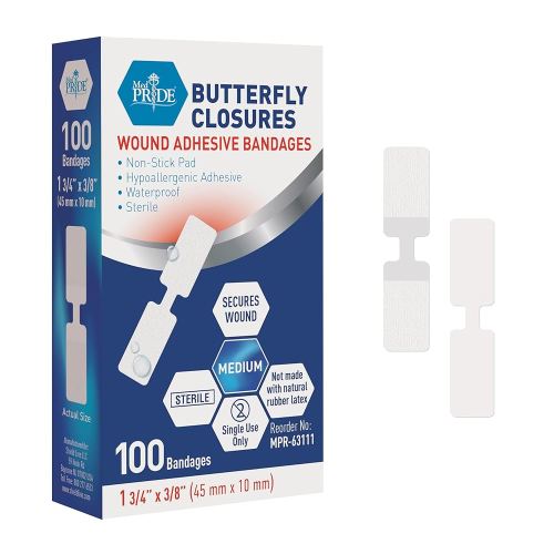 MED PRIDE | Butterfly Wound Closure Strips - 100 Pack, Medium