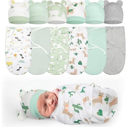 Ramede 6 Pack Preemie Swaddle Blanket with Hats Sleep Swaddle for Baby Boy Girl Preemie Newborn Sacks Soft Cotton Wearable(Alpaca,Green)