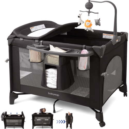 Babyeap 4in1 Baby Bassinet with Playard, 1-Step Fold Portable Playpen with Changing Table, Bedside Sleeper for Newborns, Black