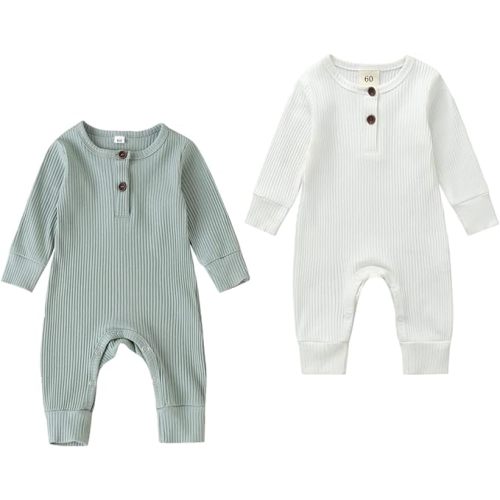 Kuriozud Newborn Infant Unisex Baby Boy Girl Button Solid Romper Bodysuit One Piece Jumpsuit Outfits Clothes - 2 Pack Long Sleeve Light Green & White