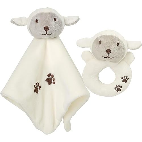CREVENT Cozy Plush Baby Security Blanket Loveys for Baby Girls Boys, Stuffed Animal Ring Rattle Shaker Toy for Newborns (Sheep + Handbell)