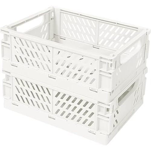 Small Pastel Plastic Storage Bins 2Pcs Foldable Pastel Crates Plastic Basket Colorful Storage Containers Baskets for Classroom Kitchen Office Bedroom Desktop Home Decor (White 9.8" x 6.5" x 3.8")