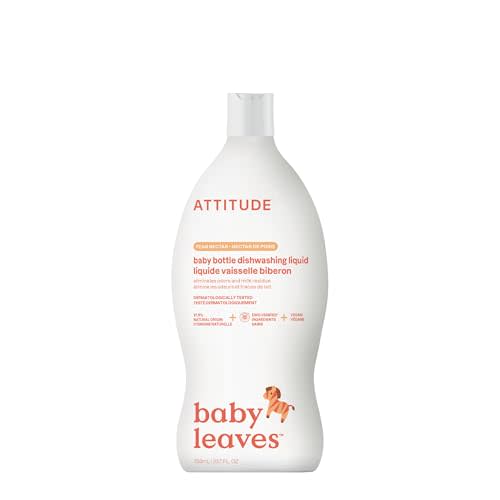 ATTITUDE Baby Dish Soap and Bottle Cleaner, EWG Verified Dishwashing Liquid, No Added Dyes or Fragrances, Tough on Milk Residue and Grease, Vegan, Pear Nectar, 23.7 Fl Oz