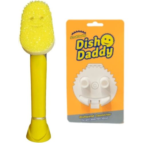 Scrub Daddy Dish Daddy Dish Wand & Connector Head, Soap Dispensing Dish Brush, Texture Changing Washing Up Sponge With Liquid Handle, Dish Sponge with Built-in Scraper, Scrubbing Head & Stand - Yellow