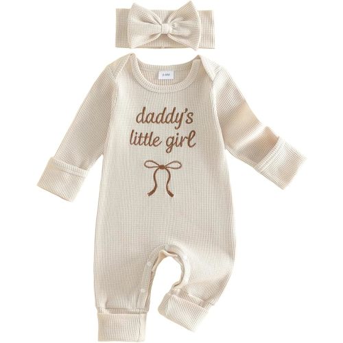 Infant Baby Girl Fall Outfit Sweatshirt Romper Daddy Little Girl Embroidery Jumpsuit Bodysuit Newborn Waffle Clothes