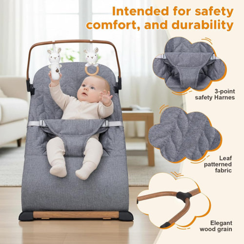 Ebern Designs 3 in 1 Baby Bouncer (Sit, Play & Relax),3 Recline Positions,Foldable Baby Rocker Chair W/ Removable Wooden Bar for 0-12 Months Infant & Toddler,Grey | Wayfair