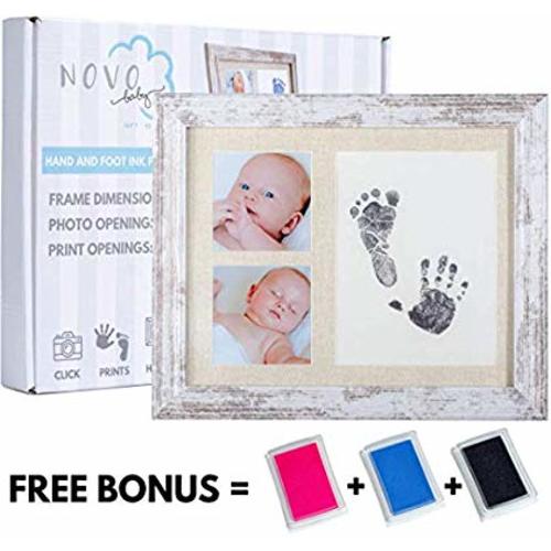 Baby Footprint & Handprint Photo Frame Kit | Includes 3 Ink Pads | Pink + Blue + Black | Perfect Baby Shower Gift for Boy & Girl | Newborn Keepsake Frame | Foot & Hand Impression