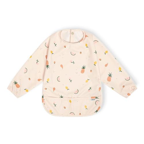 Lalo Smock Bib - Long Sleeve Baby Bib, Elastic Cuffs for Comfort, Large Catch-All Pocket, Waterproof Recycled Polyester - Durable Baby Smock Bib for Mealtime - Ages 6-24 Mo. - Fruit Print Grapefruit