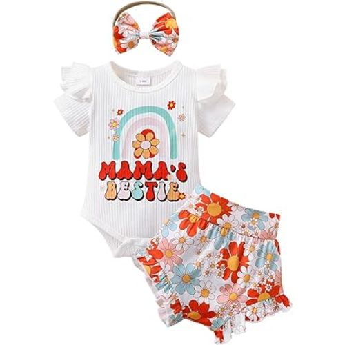 Tiny Cutey Baby Girl Clothes Infant Summer Outfits Set Ruffle Sleeve Romper and Floral Shorts with Headband