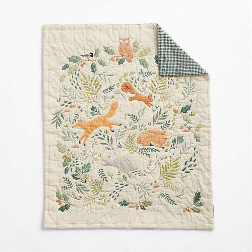 Forest Friends Embroidered Organic Cotton Baby Crib Quilt