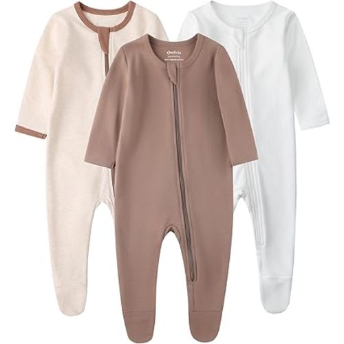 Owlivia Organic Cotton Baby Pajamas, Boys Girls 3-Pack Zip Front Sleep 'N Play, Footed Sleeper, Long Sleeve