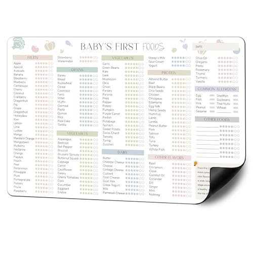 BIROYAL Baby First Foods Tracker Fridge Magnet, Led Weaning Supplies, 12"x8" Dry Erase Daily Food Log, 101 Foods Checklist Before One, Baby Feeding Essentials