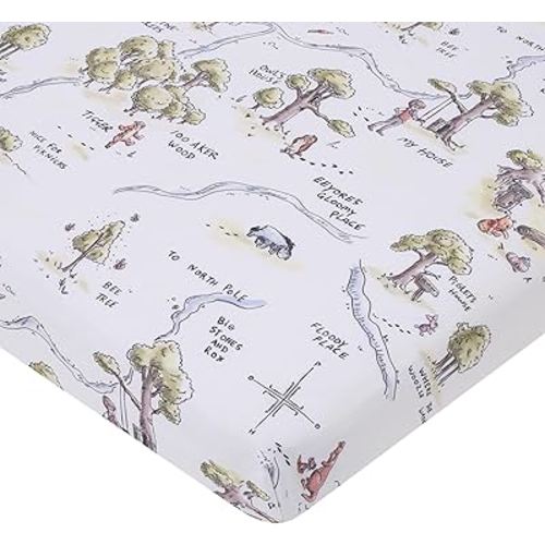 Disney Classic Winnie The Pooh Sage, Tan, and White, Map of 100 Acre Woods Super Soft Nursery Fitted Mini Crib Sheet