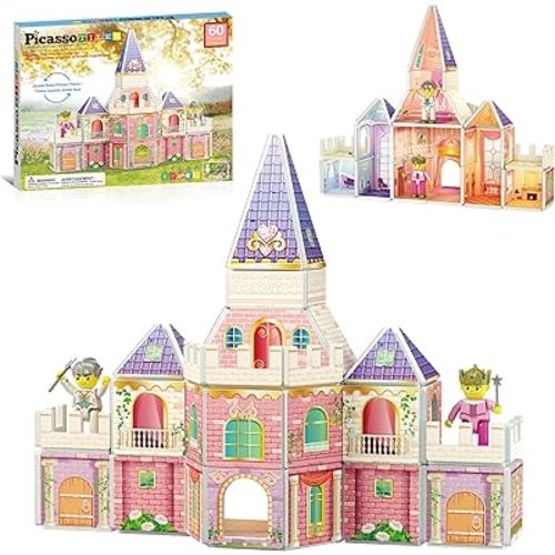 PicassoTiles 60pc Magnetic Tile Princess Castle Building Set with Double Sided Printed Tiles 2 Character Figures STEM Educational Toy Kit for Kids Pretend Play Montessori Learning Ages 3 to 8 PTQ04