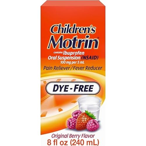 Children's Motrin Oral Suspension 100mg Ibuprofen Medicine, NSAID Fever Reducer & Pain Reliever for Minor Aches & Pains Due to Cold & Flu, Dye Free, Alcohol-Free, Berry Flavored, 8 fl. oz