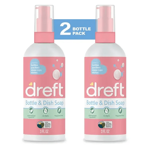 Dreft Bottle and Dish Soap | Made to Clean Baby Bottles, Sippy Cups, Pacifiers, Breast Pumps, & More | Gently Removes Milk Film & Odors | Plant Based, Fragrance Free Dish Soap | 3 Fl Oz (Pack of 2)