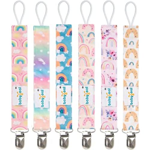 Babygoal Rainbow Pacifier Clips, 6 Pack Pacifier Holder for Boys and Girls Fits for Most Pacifier Styles & Baby Toys and Baby Gift 6MP26-B