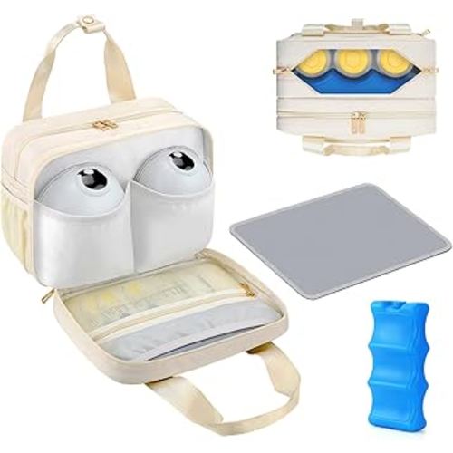 PIIOSER Breastmilk Cooler Bag with Ice Pack, Compatible with Wearable Breast Pumps & Accessories - Portable Pumps Carrying Case for Nursing & Working Moms, Cream