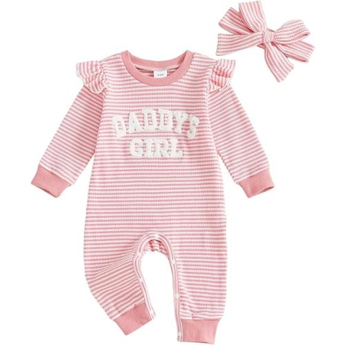 Newborn Baby Girls Romper Outfits Daddy's Girl Embroidery Striped Ruffle Jumpsuit Bodysuit Fall Winter Clothes
