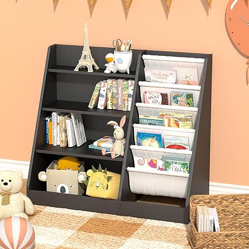 NACHES 4 Tier Kid Bookshelf Wooden 5 Sling Children Bookcase Toddler Montessori Bookcase Book Rack Display Toy Storage Organizer Book Display Shelf Stand Classroom Bedroom Nursery Playroom (Black)