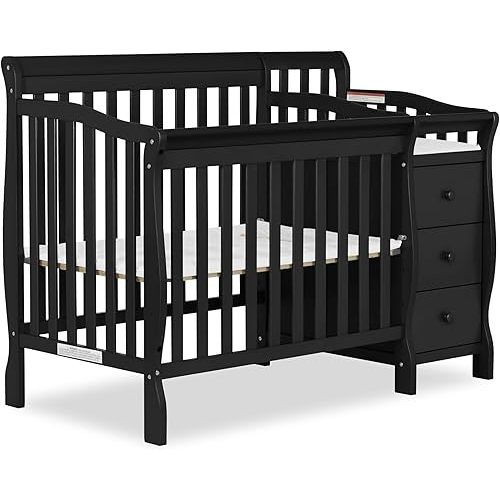 Dream On Me Jayden 4-in-1 Mini Convertible Crib And Changer in Black, Greenguard Gold Certified, Non-Toxic Finish, New Zealand Pinewood, 1" Mattress Pad