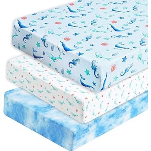 PHF 3 Pack Soft Whale Crib Sheets Fitted, Silky Comfy Breathable Baby Sheets for Boys Girls Neutral, 28x52 Inches Fits Standard Crib and Toddler Mattresses, Whale
