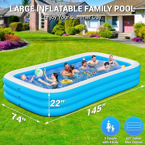 Big Inflatable Pool for Adults, Lylting 145"x74"x22" Extra Large Thickened Blow Up Swimming Pool with Repair Patch, Full Size Family Inflatable Pools for Backyard Lawn Indoor Outdoor